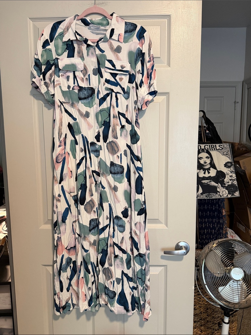 vestique Floral Print Dress in White, Green & Blue